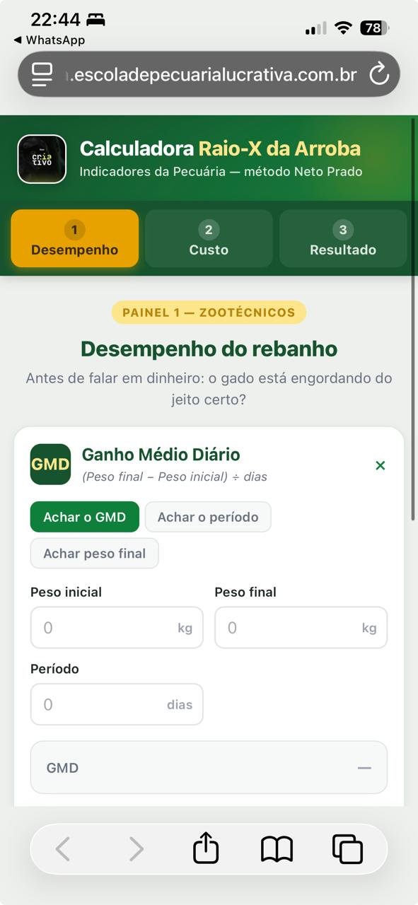 App Calculadora Raio-X da Arroba aberto no celular, mostrando o Painel de Desempenho com a calculadora de GMD